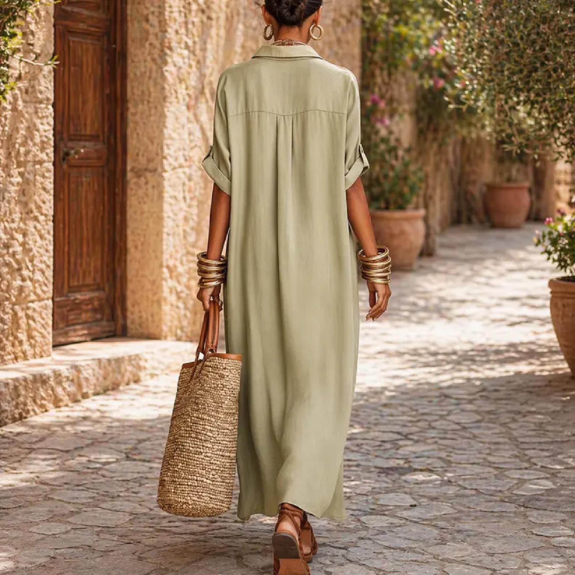 Minimalist Linen Cotton Dress Women Loose Maxi Shirt Dress Relaxed Everyday Summer Fashion Outfit