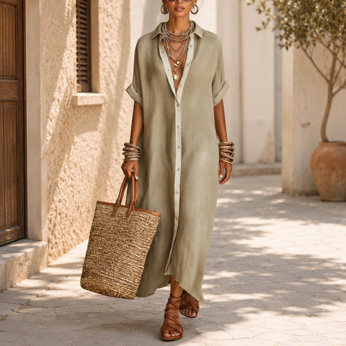 Minimalist Linen Cotton Dress Women Loose Maxi Shirt Dress Relaxed Everyday Summer Fashion Outfit